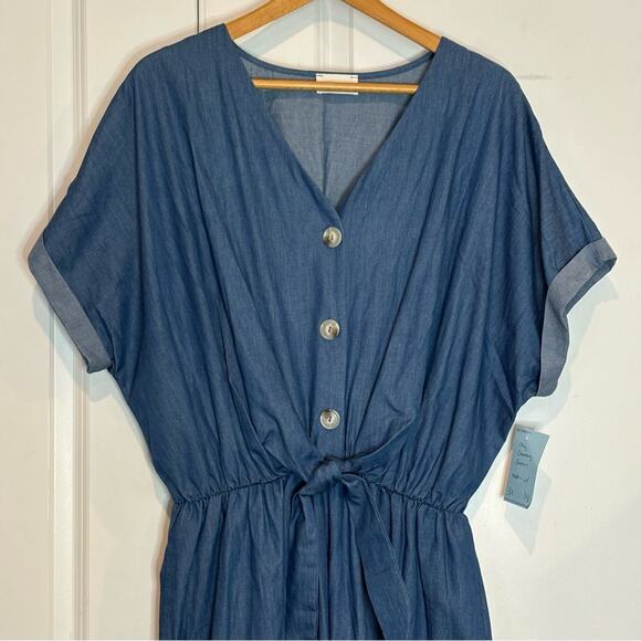 NWT No Less Than Chambray Short Sleeve Tie Waist Wide Leg Jumpsuit 3X - Picture 2 of 10